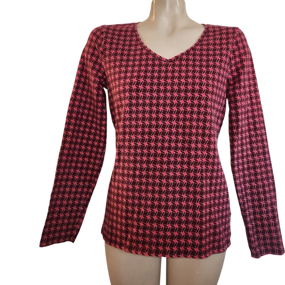 Talbots Womens Pink Burgundy Geometric V-Neck Long Sleeve Top M officecore mom